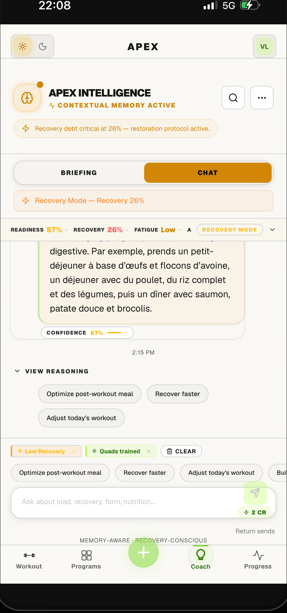 Apex AI coach chat on a phone